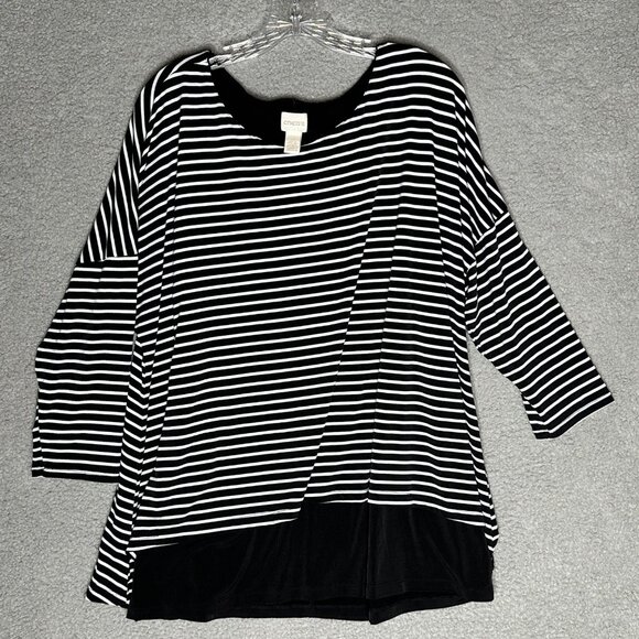 Chicos Tunic‎ Tabitha Top Size XL Black White Stripe Overlay Stretch Boho - Picture 1 of 11